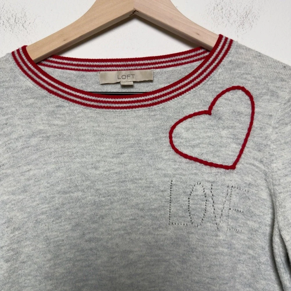 LOFT Women Love Sweater Small Gray Heart Embroidered Varsity Stripe Crewneck